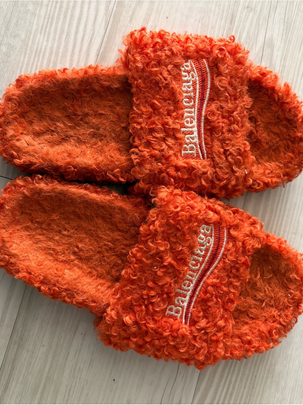 Balenciaga women’s  Bright Orange Curly Faux-Fur Slide Sandals